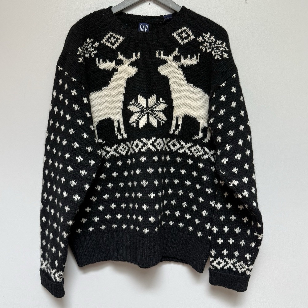 GAP Shetland Wool Deer Sweater Knit Black Mens XL Oversized Snow Warm